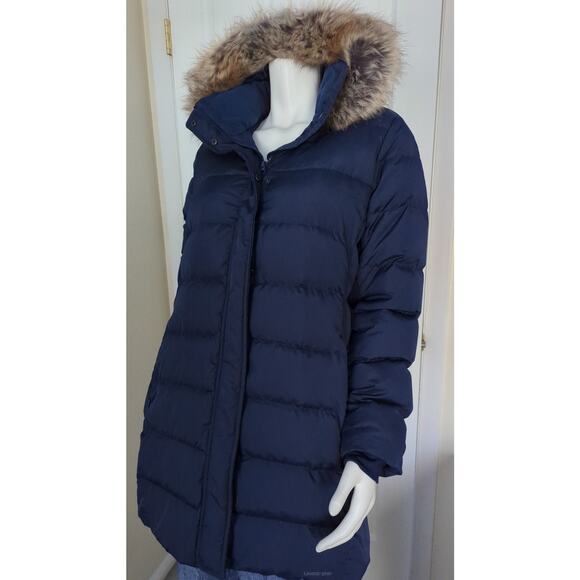 Women's Navy Puffer Coat with Faux Fur Hood - Picture 8 of 11